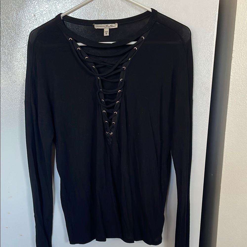 Express‎ Women's Black Lace-Up Long Sleeve Top XS